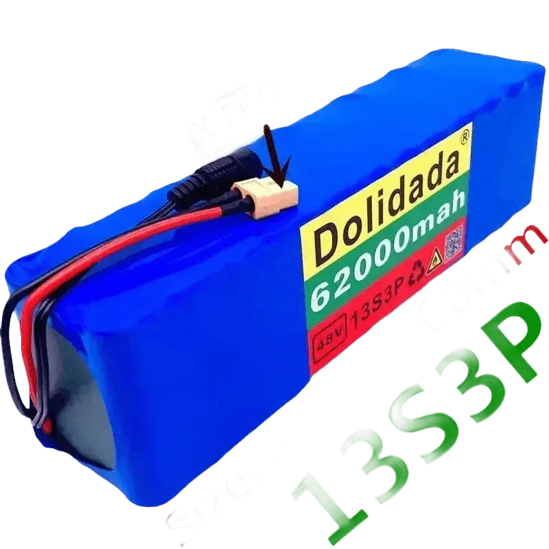 Blue 48V 62Ah lithium battery pack designed for electric bikes and scooters, shown on white background.