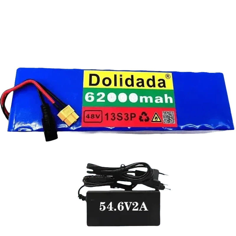 Black charger unit compatible with the Blue 48V 62Ah lithium battery pack for e-bikes.