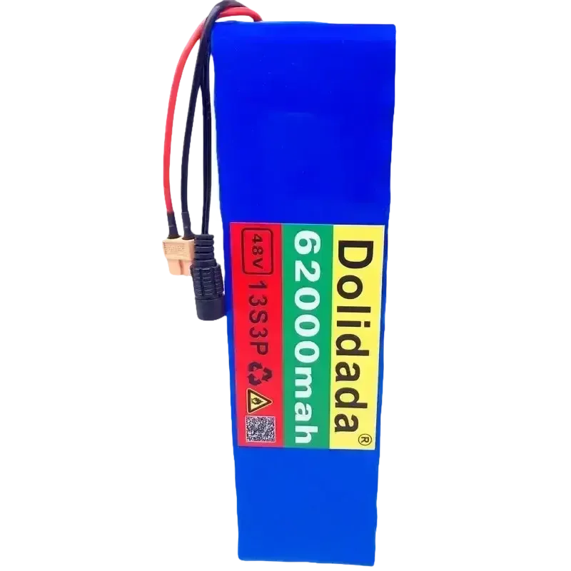 Blue lithium battery pack connected with wires showing wiring setup for e-bike installation.