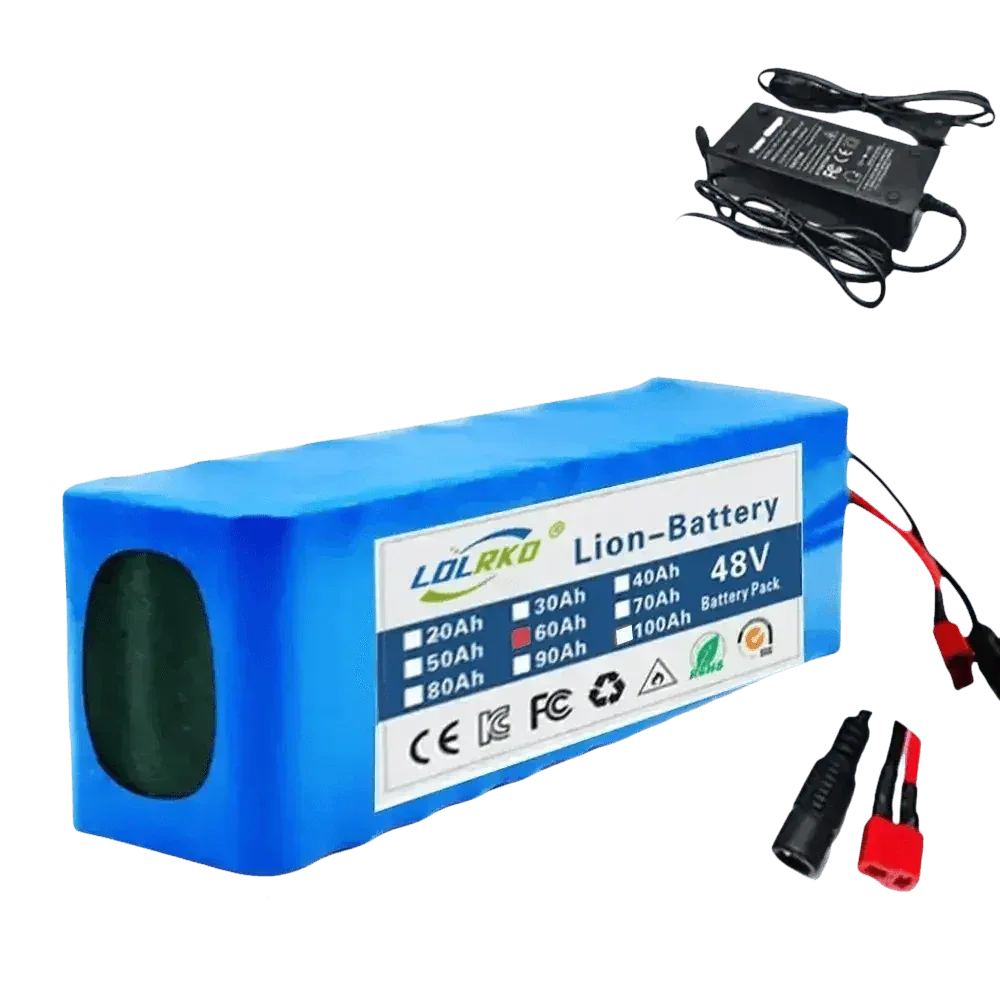Blue 48V 90Ah lithium-ion battery pack with charger placed against a plain white background.