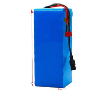 Dimensions of blue 48V 90Ah lithium battery pack shown with a measuring tape on white backdrop.