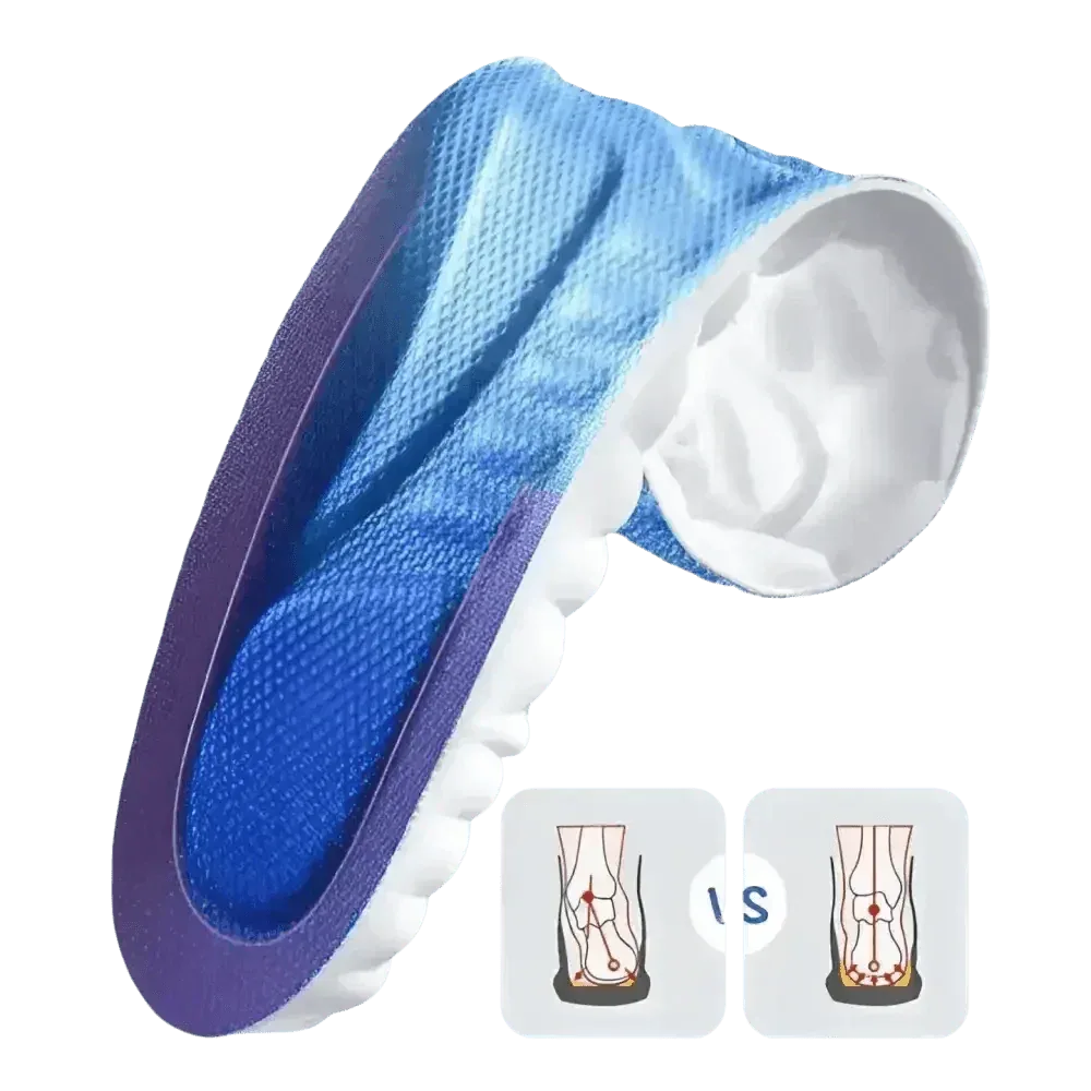 Top view of breathable blue and white sports insole highlighting lightweight materials.