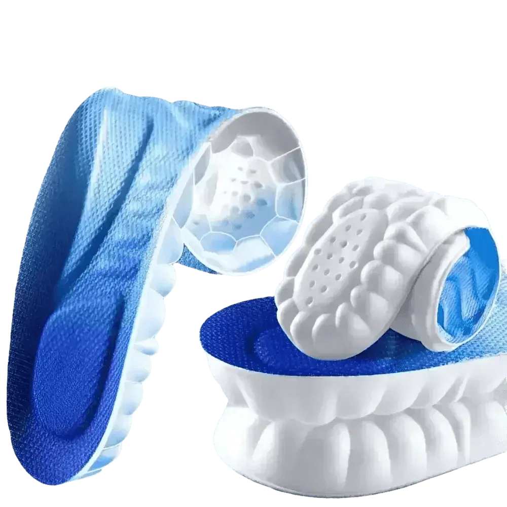 Close-up of blue and white sports insole with cushioning texture for shock absorption.