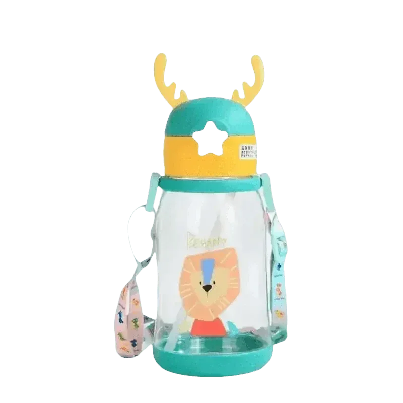 Top view of blue kids water sippy cup with antler decoration and sealed lid