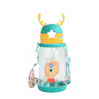 Top view of blue kids water sippy cup with antler decoration and sealed lid