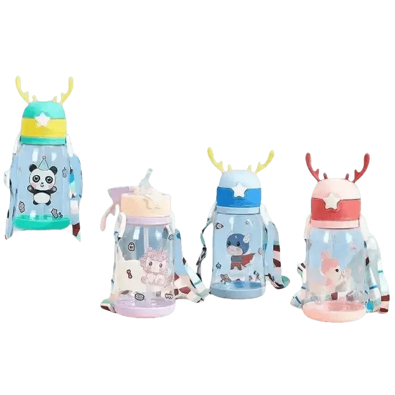 Side view of blue dinosaur water sippy cup with creative cartoon antlers and one-click lid