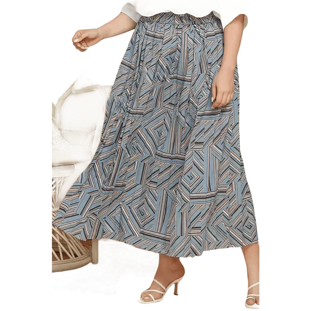 Blue geometric pleated skirt in deep teal, basic style, displayed flat on white background.
