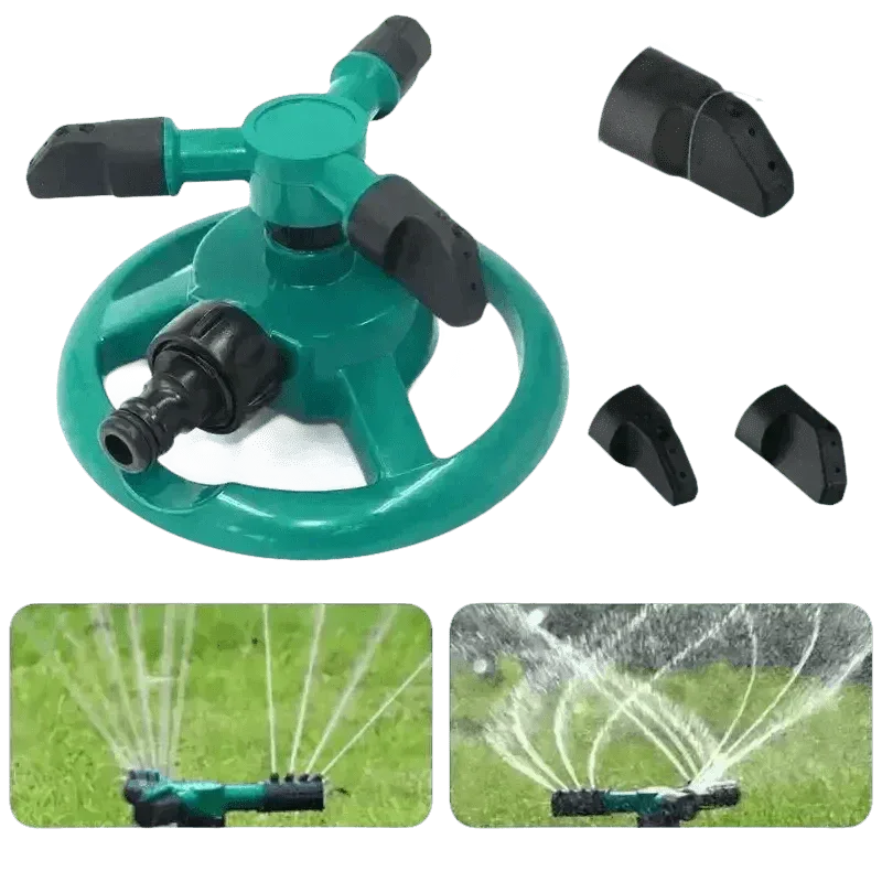 Water sprayed from blue rotating sprinkler covering garden grass area.