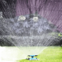 Blue garden sprinkler rotating and watering lush green grass outdoors.