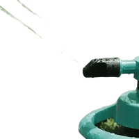 Blue rotating garden sprinkler working to evenly water grassy yard.