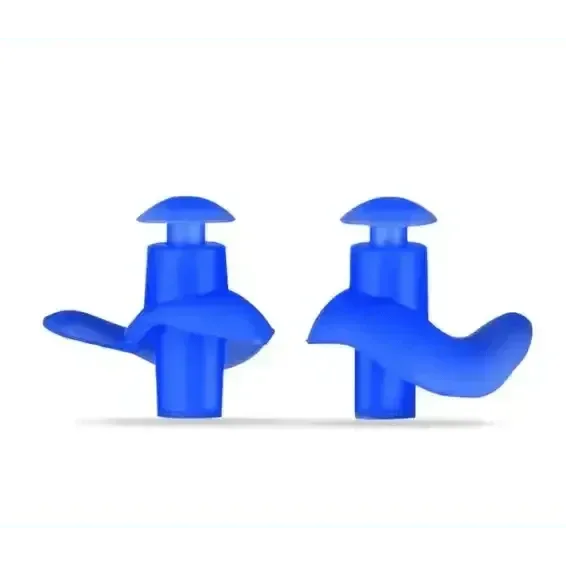 Blue silicone water sports earplugs shown from side, highlighting their compact size.