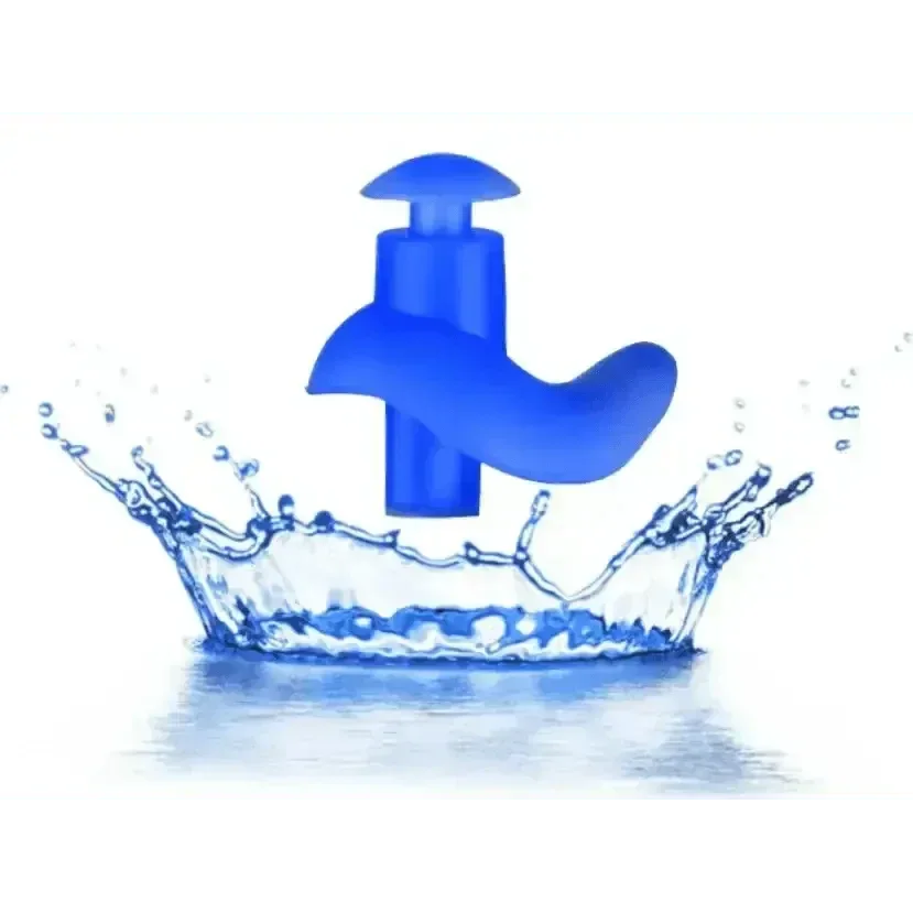 Top view of blue silicone water sports earplugs emphasizing their ergonomic design.
