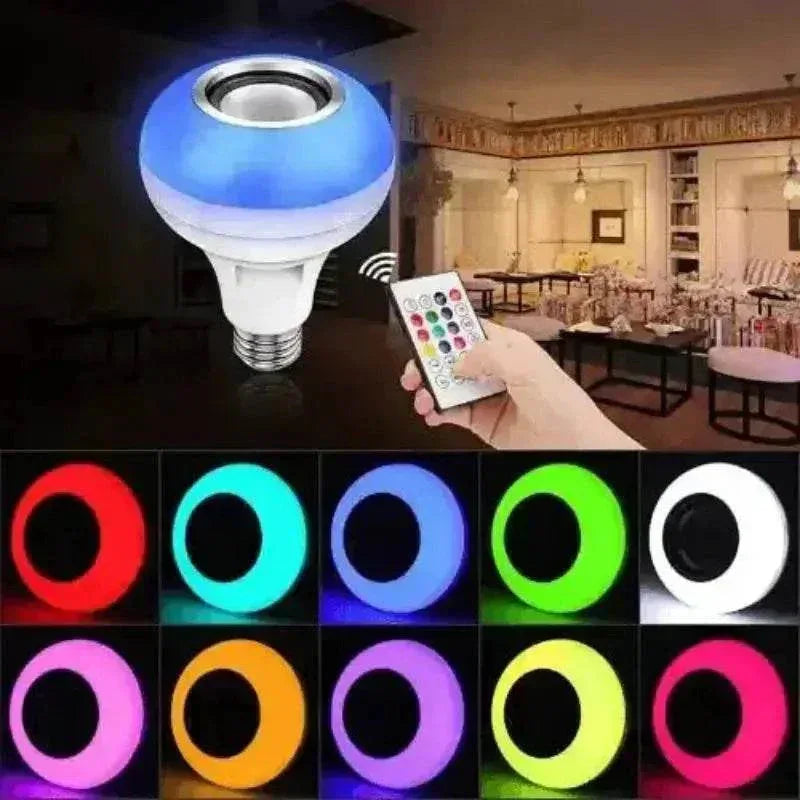 Smart bulb emitting colorful light with a Bluetooth music icon glowing nearby.