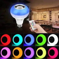 Smart bulb emitting colorful light with a Bluetooth music icon glowing nearby.