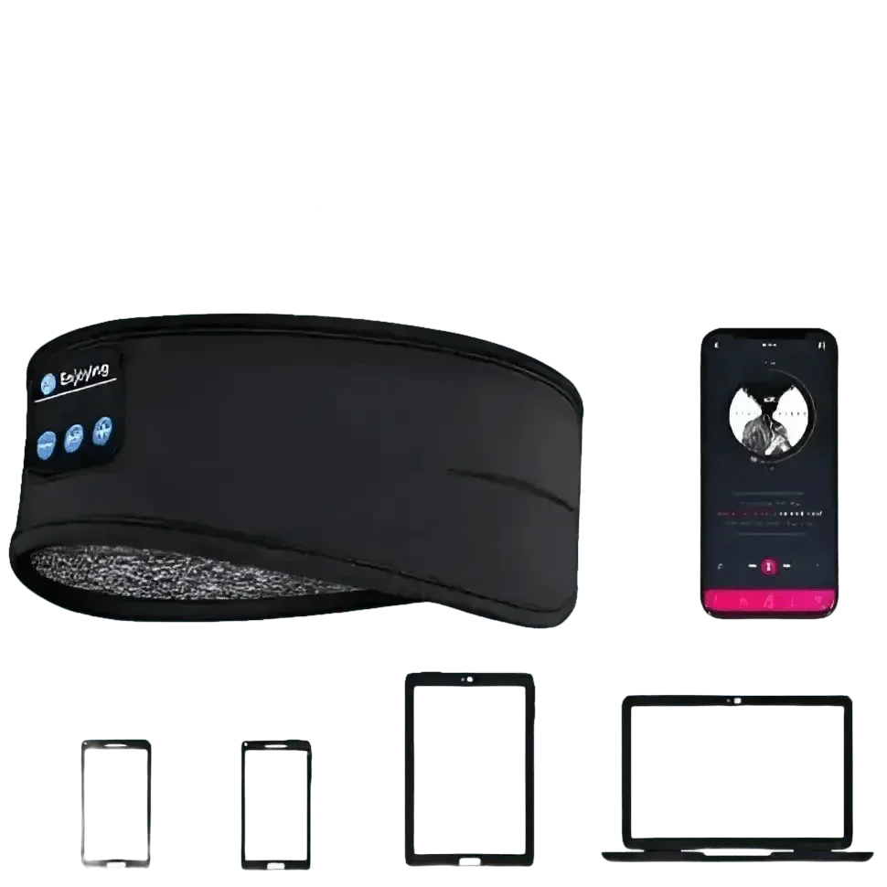 Person wearing blue Bluetooth sleeping headphone headband while lying on pillow with eyes closed.