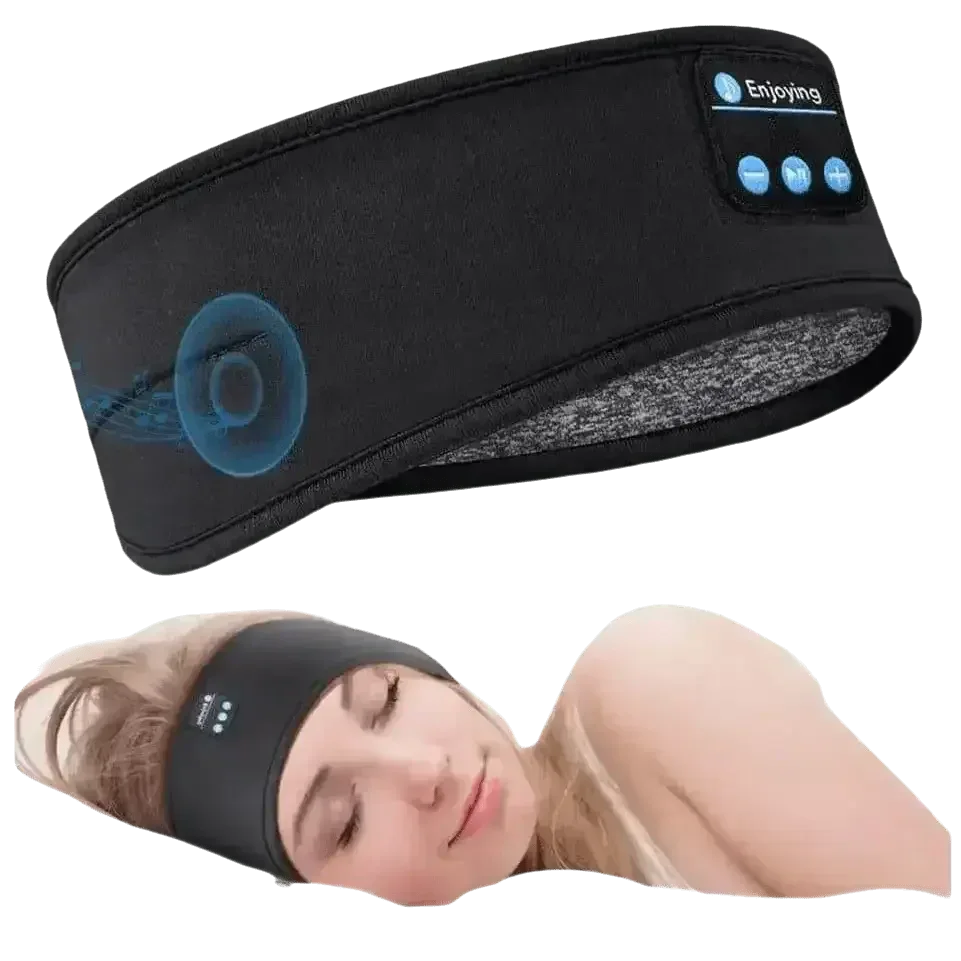 Close-up of blue sleep headphone headband with Bluetooth control buttons visible.