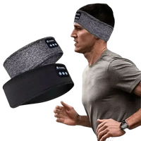 Blue Bluetooth sleeping headphones headband laid flat, showing soft fabric and controls.