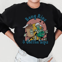Black sweatshirt with 'Bong Rips & Cotton Sips' graphic design on front