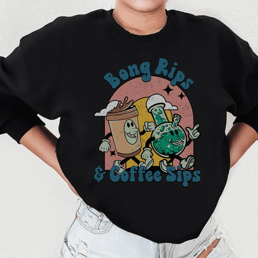 Black sweatshirt with 'Bong Rips & Cotton Sips' graphic design on front