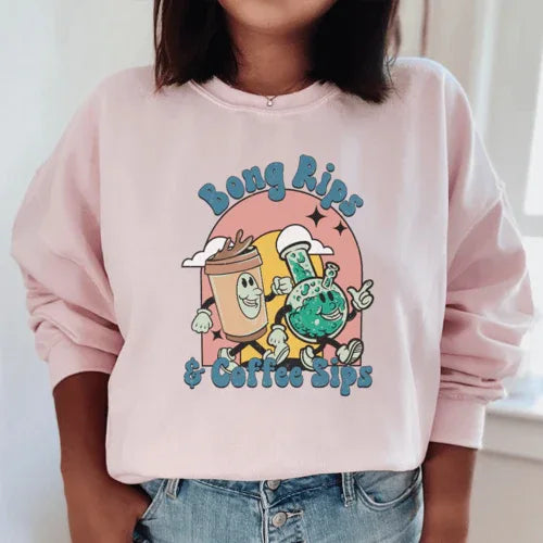 Light pink sweatshirt with 'Bong Rips & Cotton Sips' artwork on front