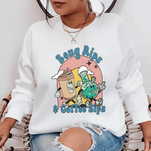 White sweatshirt featuring 'Bong Rips & Cotton Sips' printed design