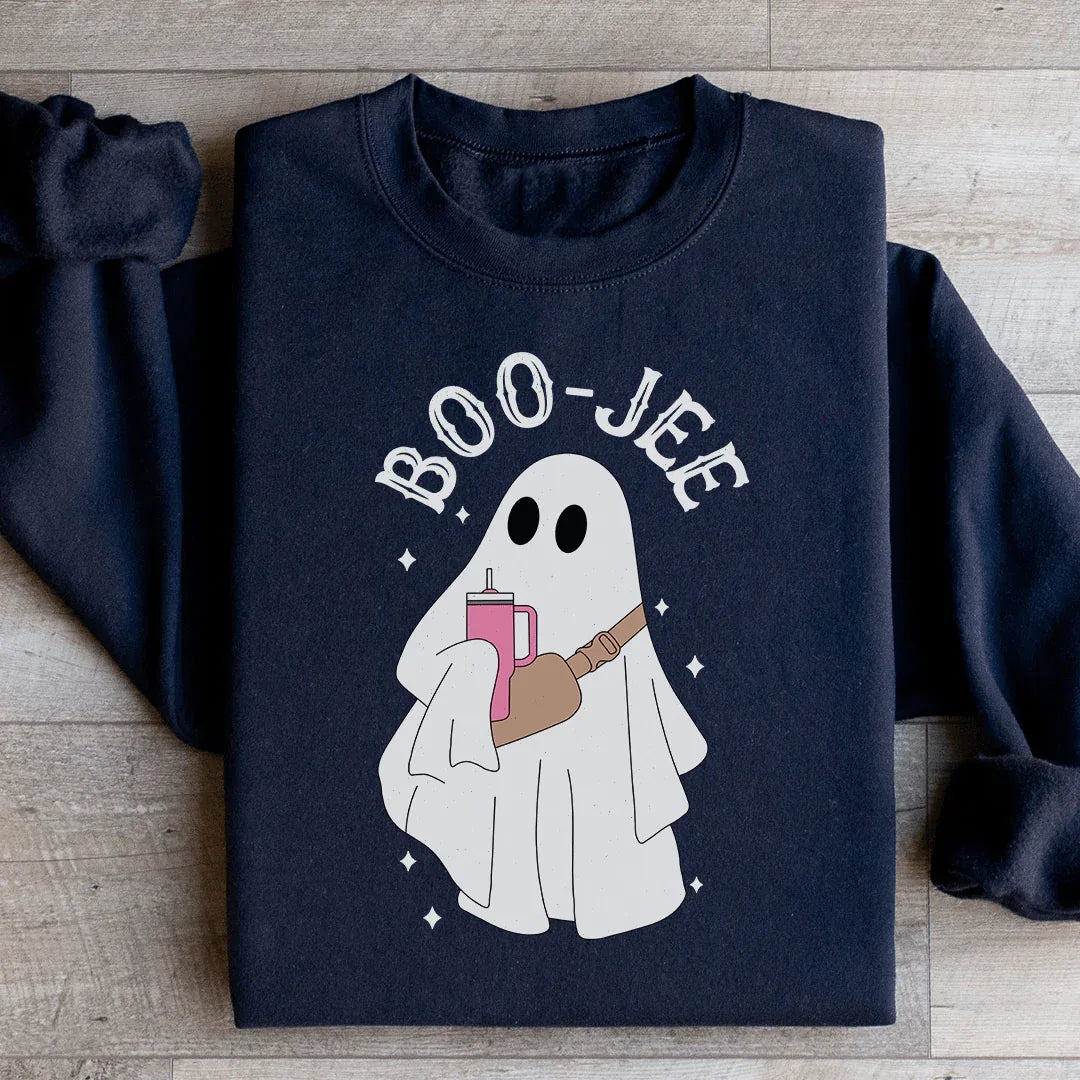 Black Boo Jee sweatshirt with peachy design, shown flat on a white background.