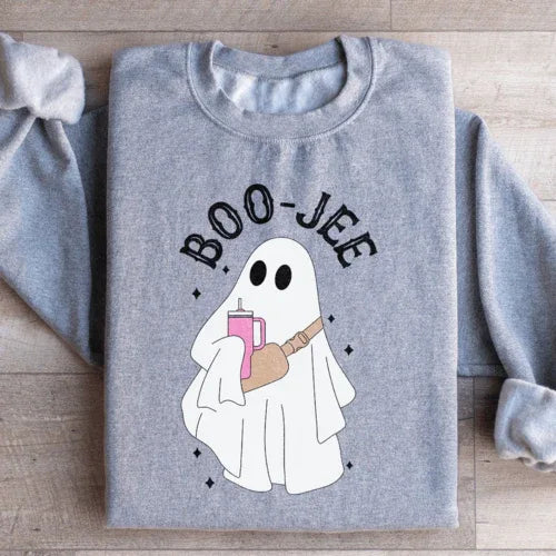 Sport grey Boo Jee sweatshirt with peachy Sunday t-shirt design on a plain background.