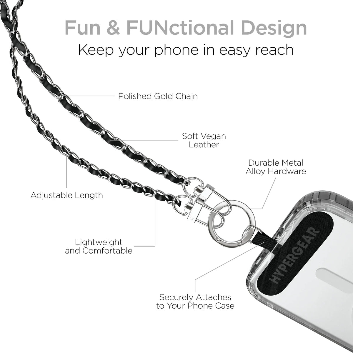HyperGear TECHcessories Silver Chain with Black Vegan Leather - Trustymall