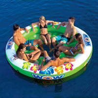 Side angle showing six seats and mesh bottoms of Stadium Islander floating water lounge