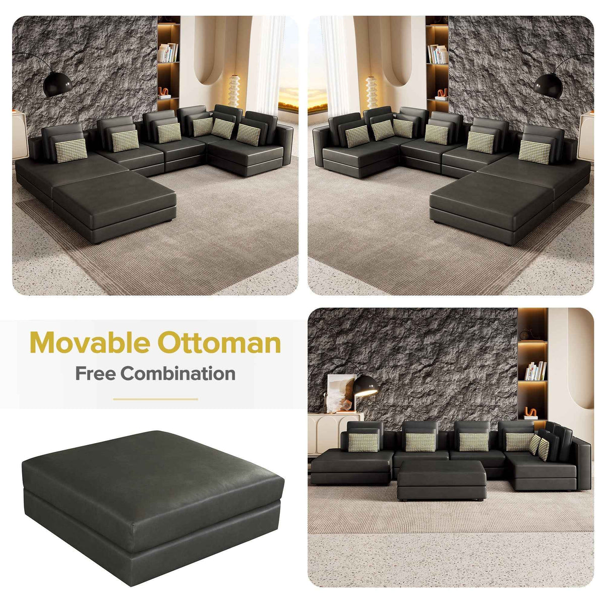 Large black modular sectional sofa with chaise lounge, upholstered in fabric, shown in a spacious living room.