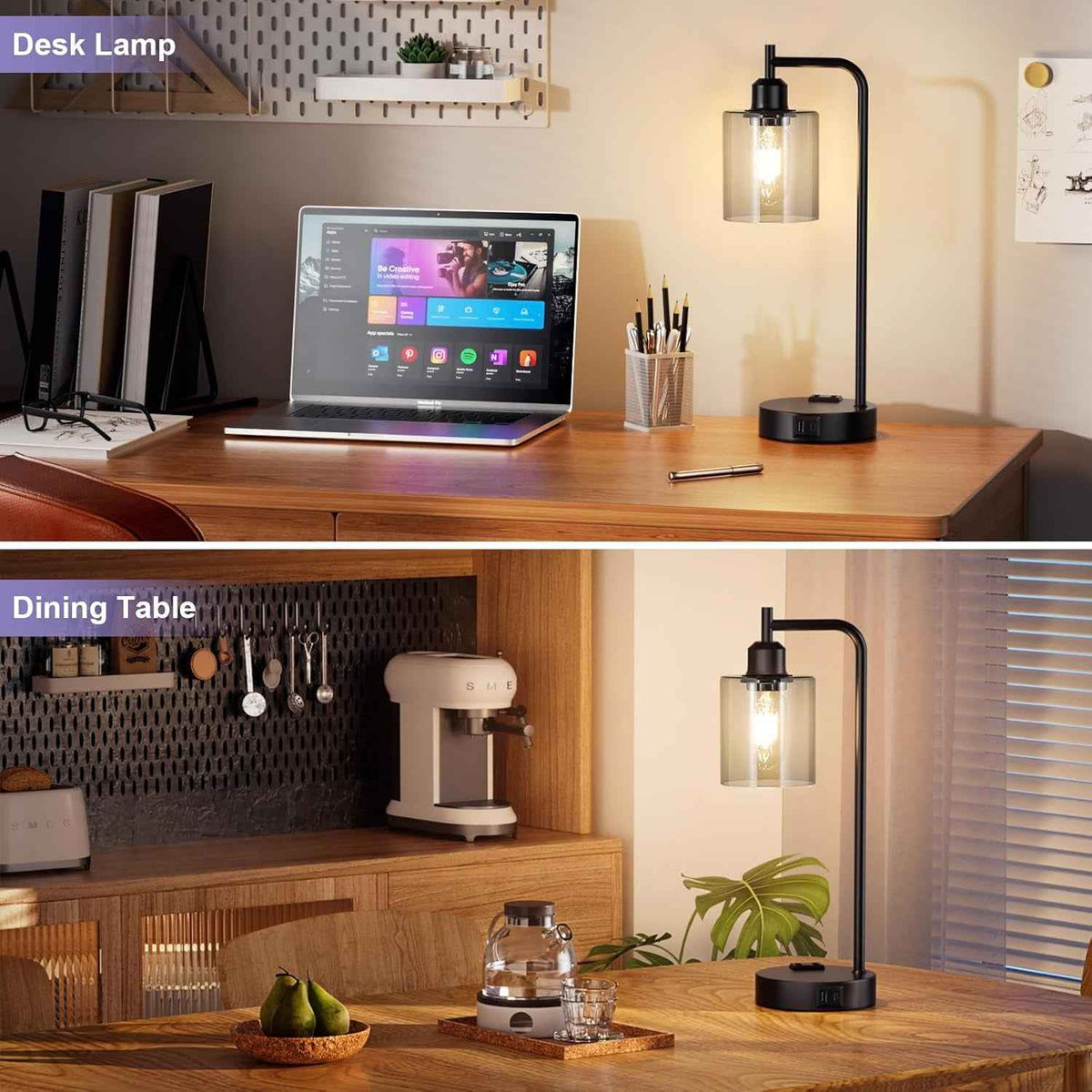 3-Way Dimmable USB Table Lamps With Gray Glass Shade Pair