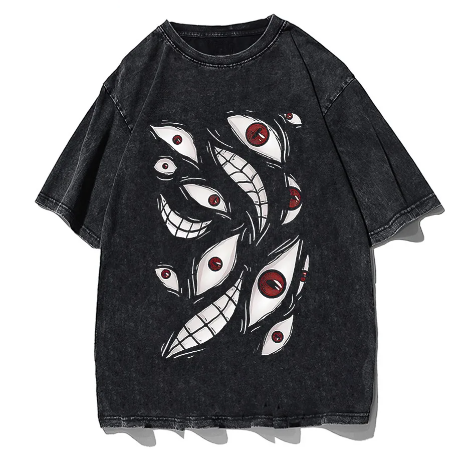 Top-down view of white cotton t-shirt with vivid anime eyes printed on front