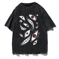 Top-down view of white cotton t-shirt with vivid anime eyes printed on front