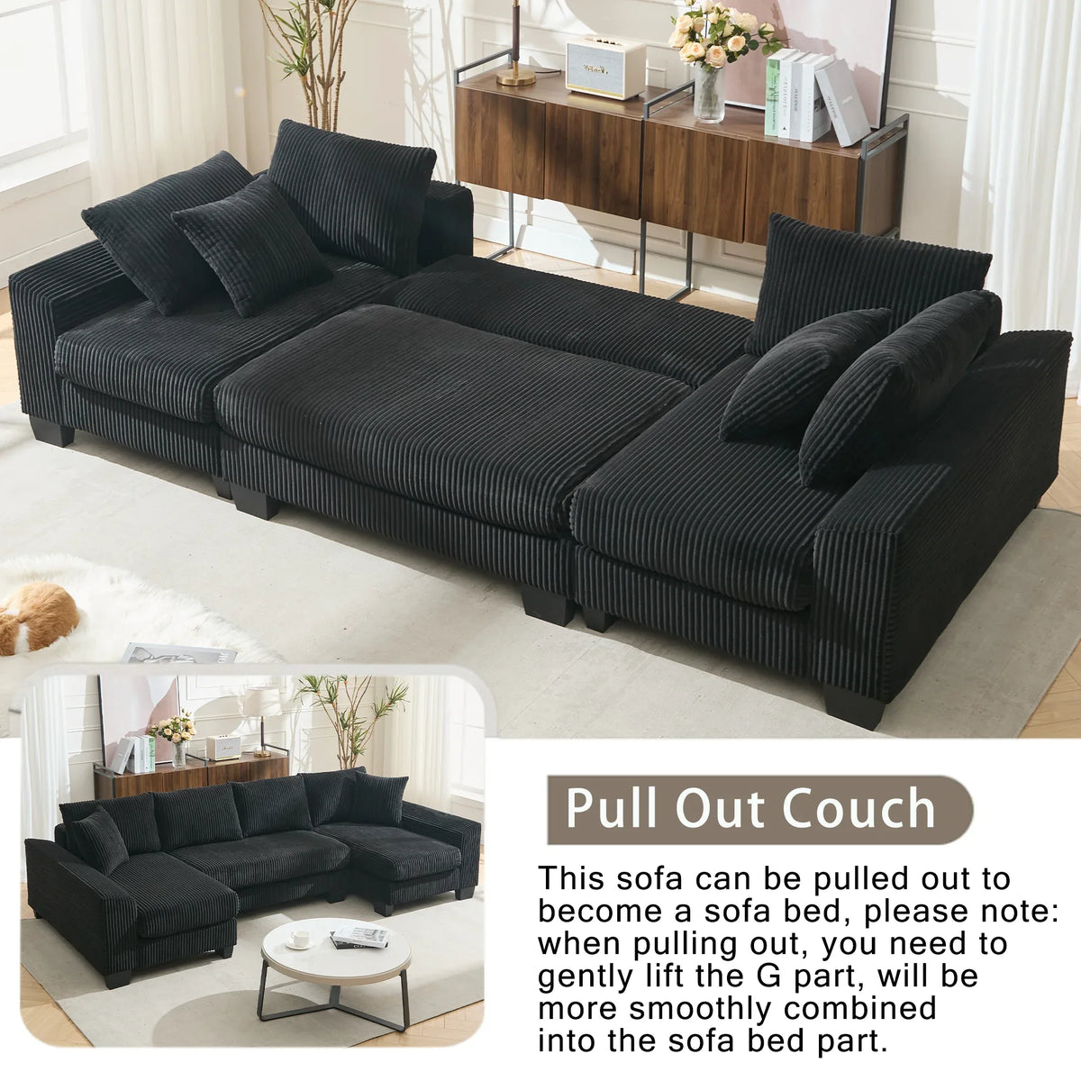 Side view of oversized U-shaped black sleeper sofa with plush cushions.
