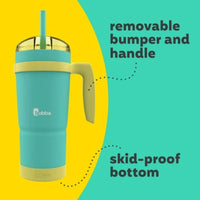 Removable vibrant bumper on Bubba tumbler provides no-slip base and color accent.