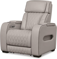 Light Gray Leather Power Recliner With Adjustable Headrest