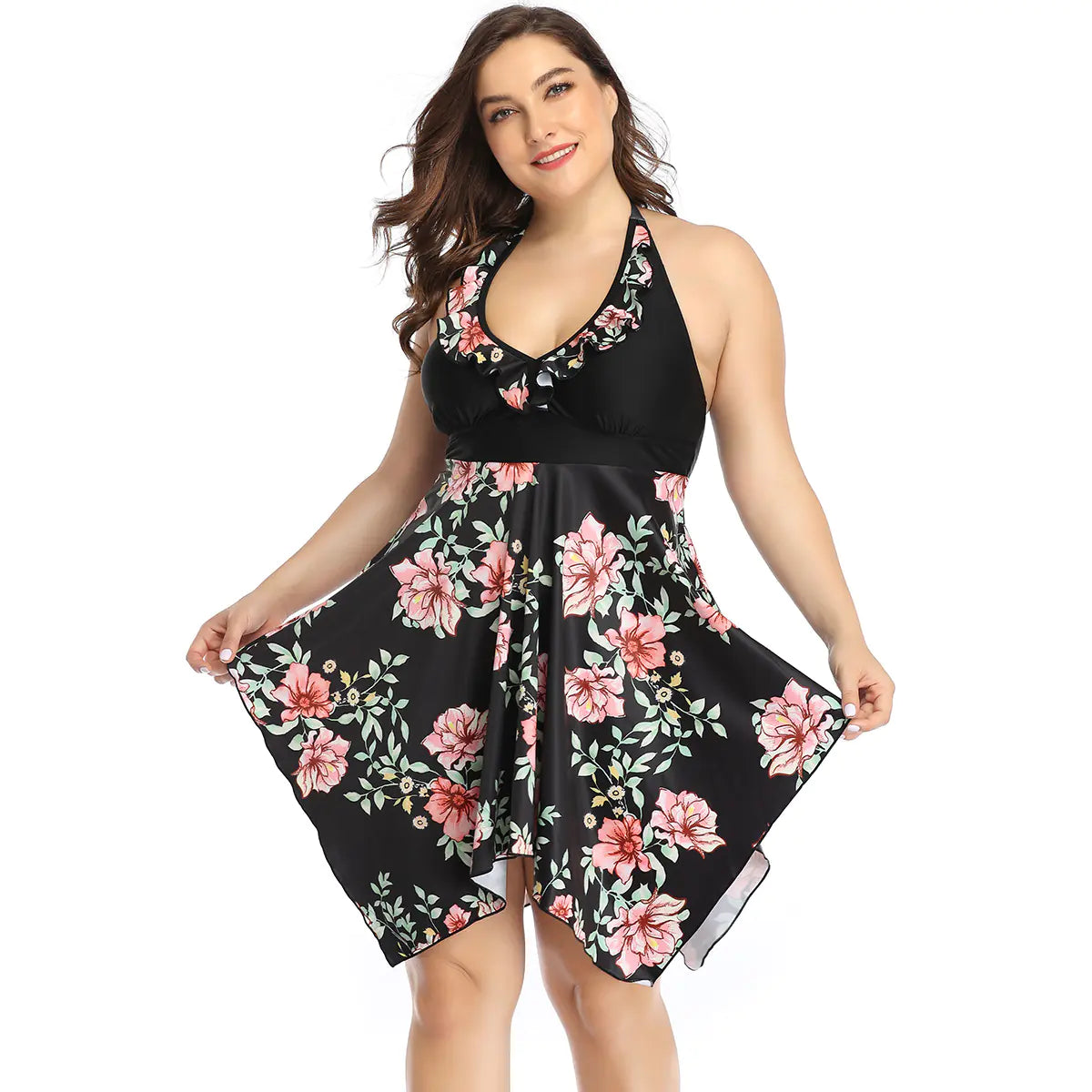 Plus Size Printed Swimsuit with Skirted Top