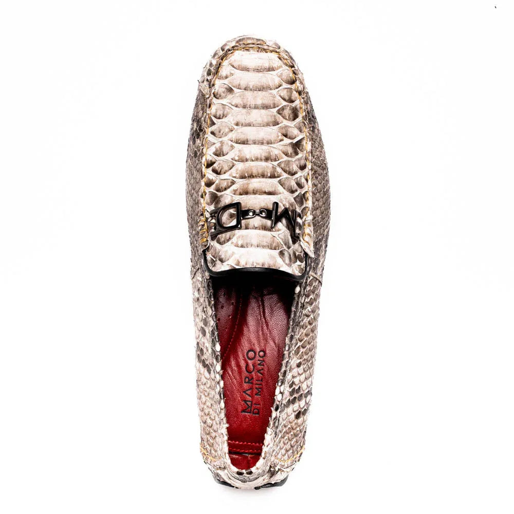 Close-up of supple leather lining inside the python skin driving shoe in signature red color.