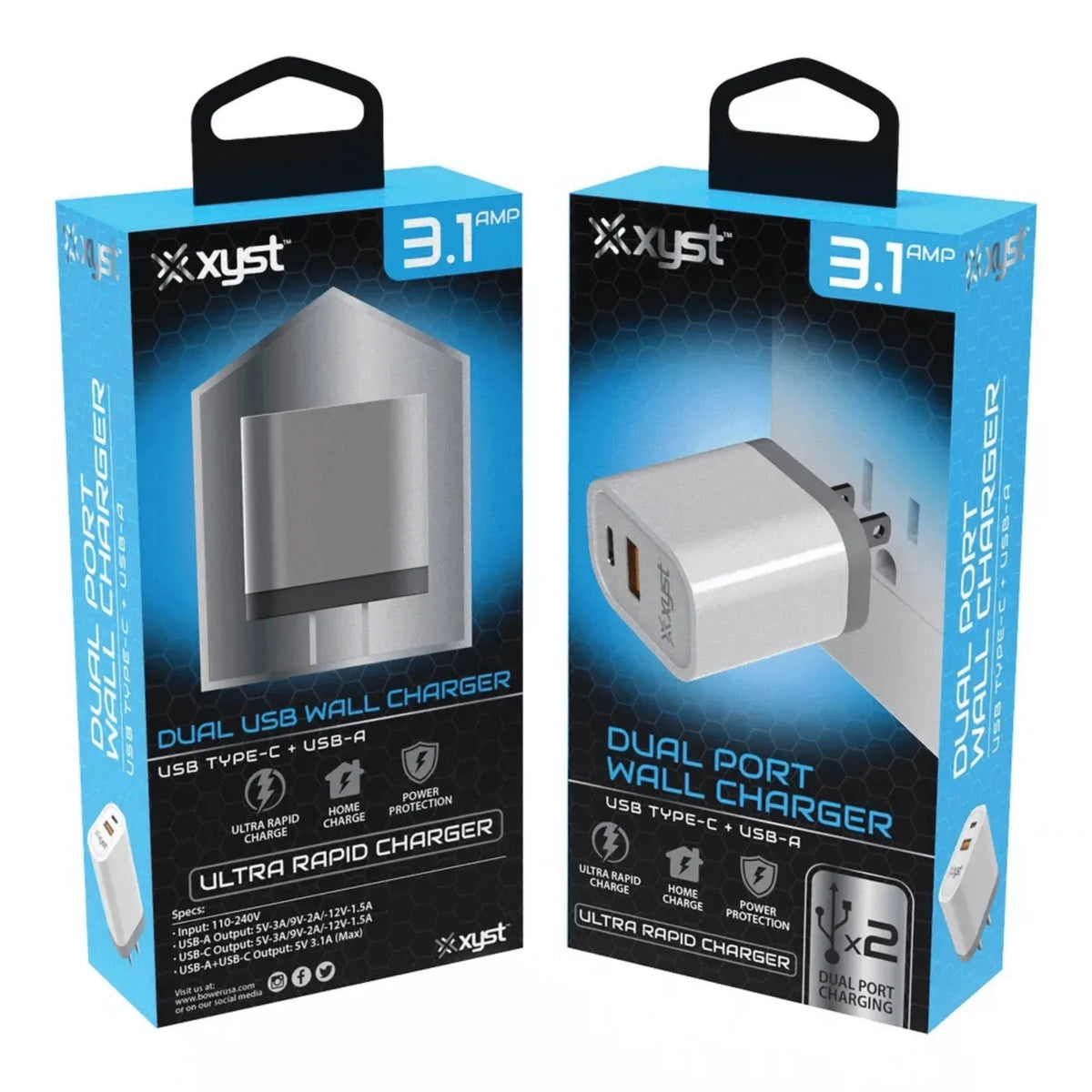 Xyst 3.4-Amp Dual USB Wall Charger with USB Port and USB Type-C Port - Trustymall