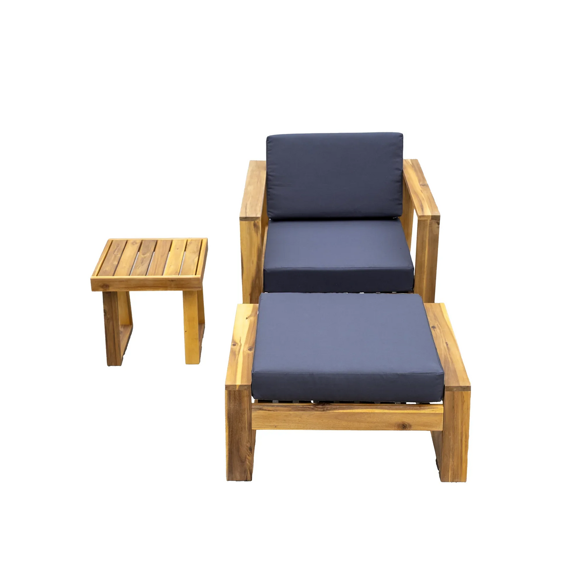 Close-up technical illustration of acacia wood lounge chair joints and assembly parts.
