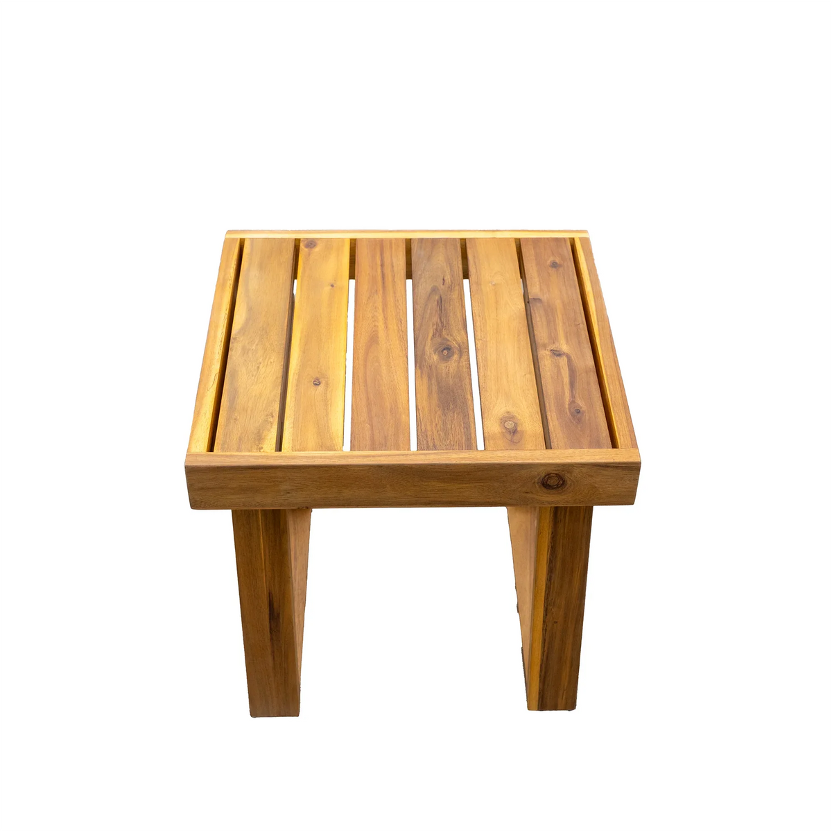 Detail image focusing on craftsmanship of lounge set's acacia wood and cushions