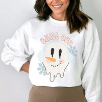 White fleece sweatshirt with 'Chill Out' text centered on chest, displayed against neutral backdrop