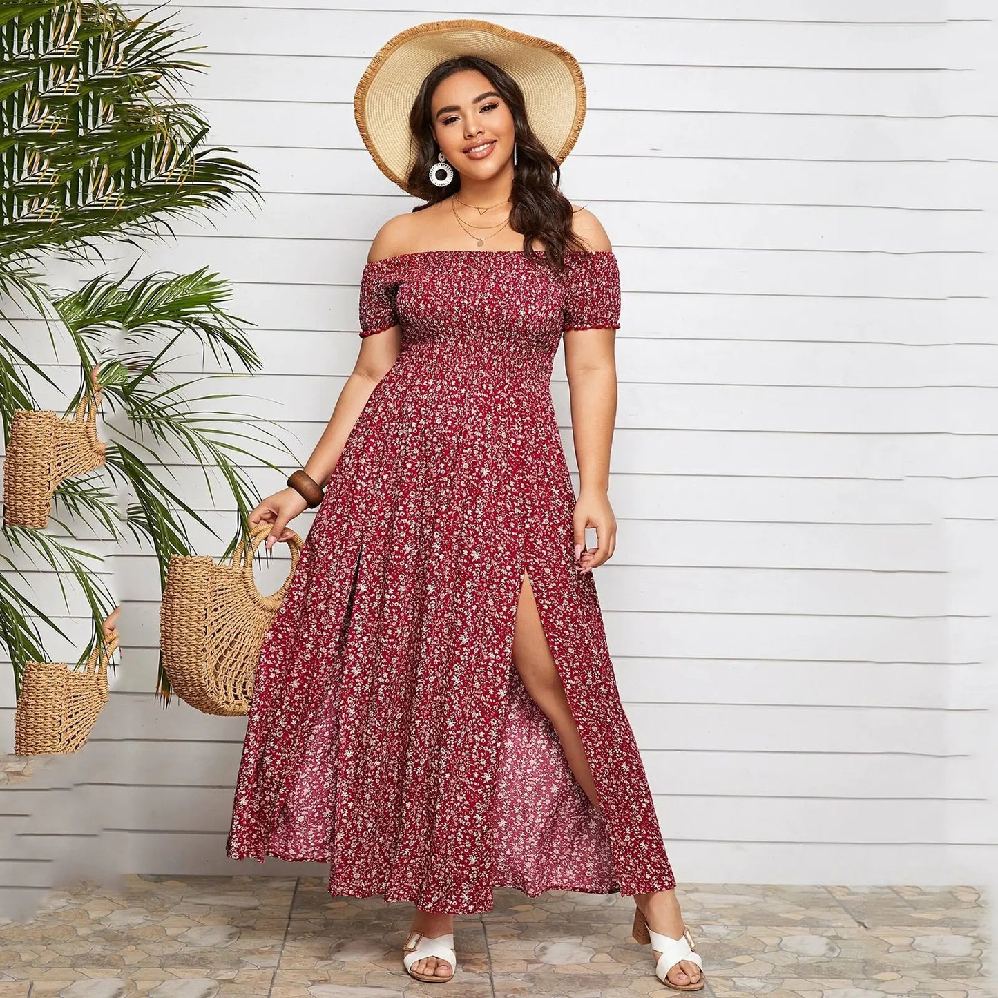 Plus Size Floral Print Off-Shoulder Summer Dress