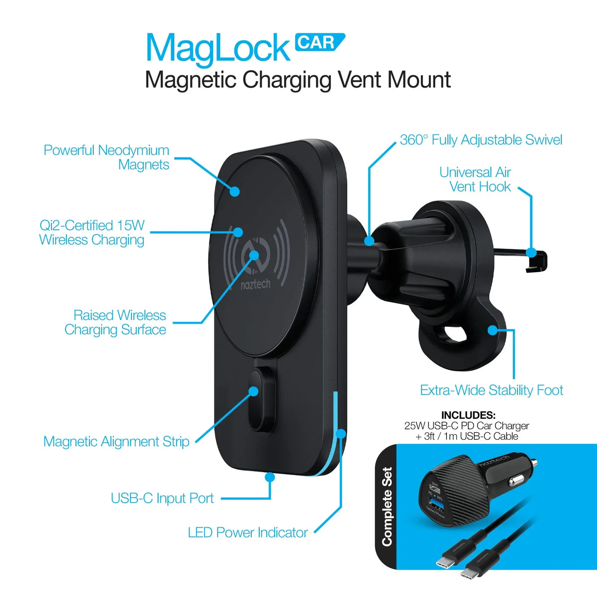 Naztech MagLock CAR 15W Magnetic Wireless Fast Charging Vent Mount - Trustymall