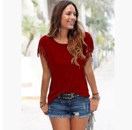 Plus Size Women's Short Sleeve Fringe T-Shirt Top