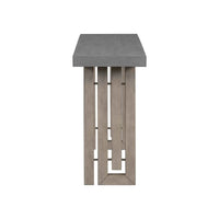 Side view of gray oak veneer console table highlighting artistic carved side panels and slim profile.