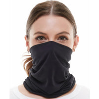 Neck gaiter bandana scarf laid out, showing soft, washable fabric suitable for reuse.