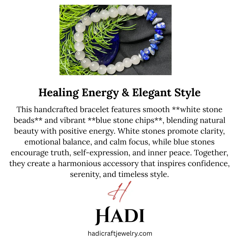 Hand wearing bracelet made of white stone beads and blue stone chips against neutral background.