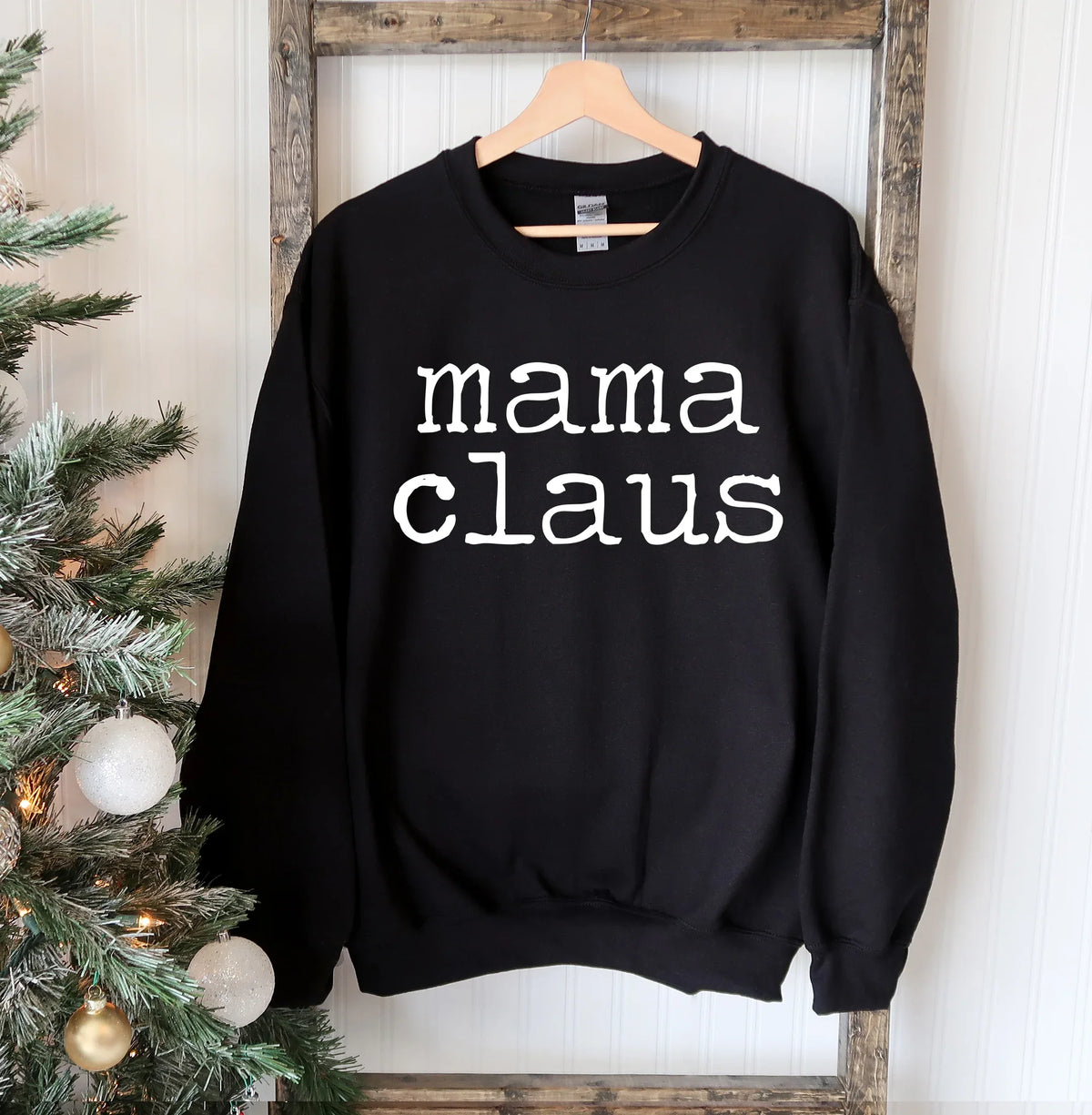 Back view of Mama Claus Christmas sweatshirt displaying soft fabric without creases.