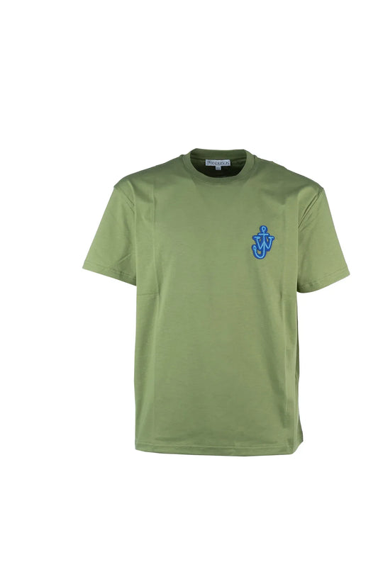 Men's organic cotton T-shirt with round neck, short sleeves, and logo patch, laid flat on white background.